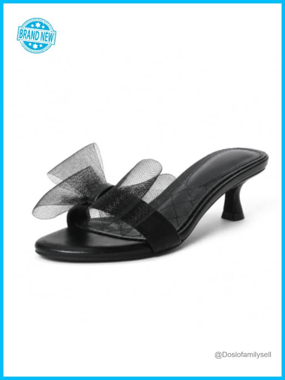 Kitten Heel Mules with Mesh Bow Faux Leather Slip On Heeled Sandals